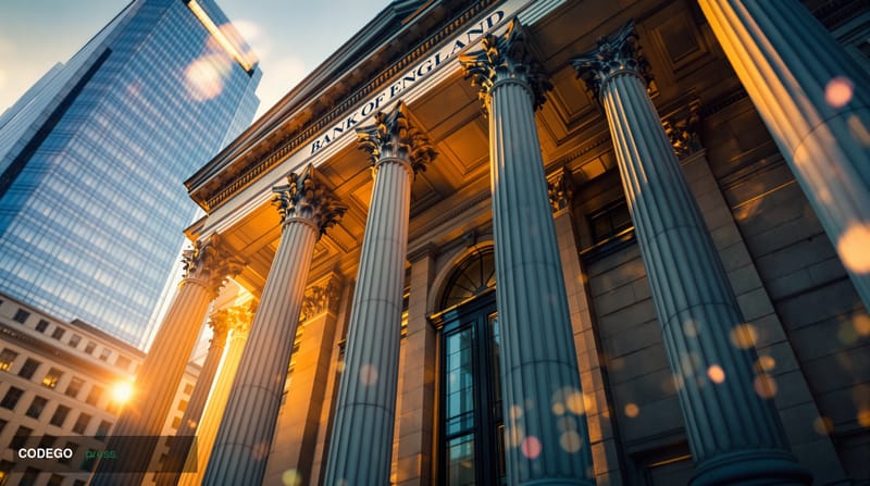 A cinematic editorial photograph capturing the iconic Bank of England building in the City of London, shot from a low angle t