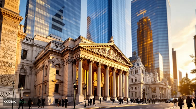 A photorealistic editorial photograph of the Bank of England's iconic neoclassical headquarters on Threadneedle Street in the