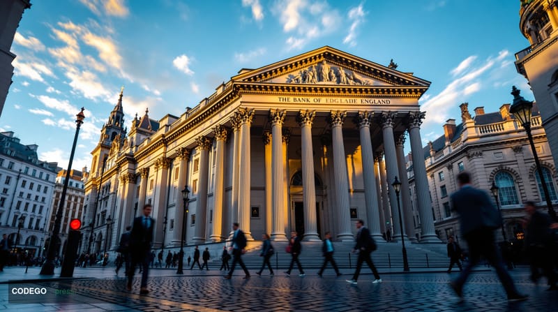 A dramatic cinematic editorial photograph showing the iconic Bank of England building in London's financial district, shot fr