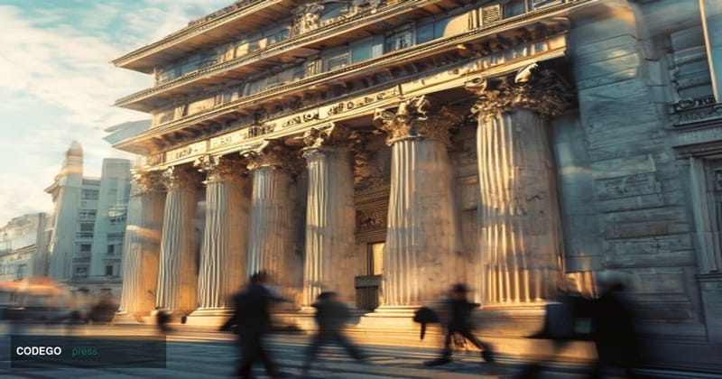 A dramatic photorealistic editorial photograph of the Bank of England's iconic neoclassical headquarters on Threadneedle Stre