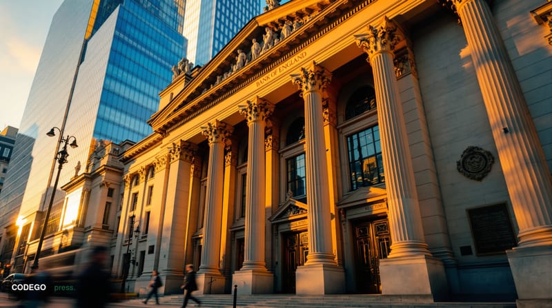 A cinematic editorial photograph capturing the imposing neoclassical architecture of the Bank of England's Threadneedle Stree