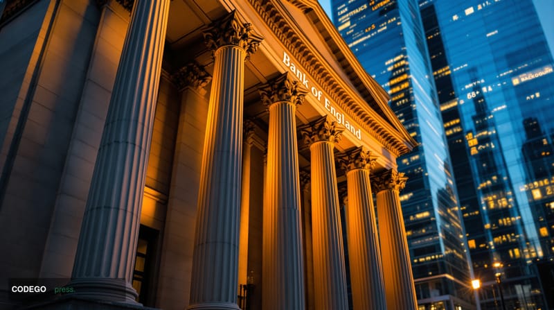 A cinematic editorial photograph of the Bank of England's iconic neoclassical headquarters on Threadneedle Street in London's
