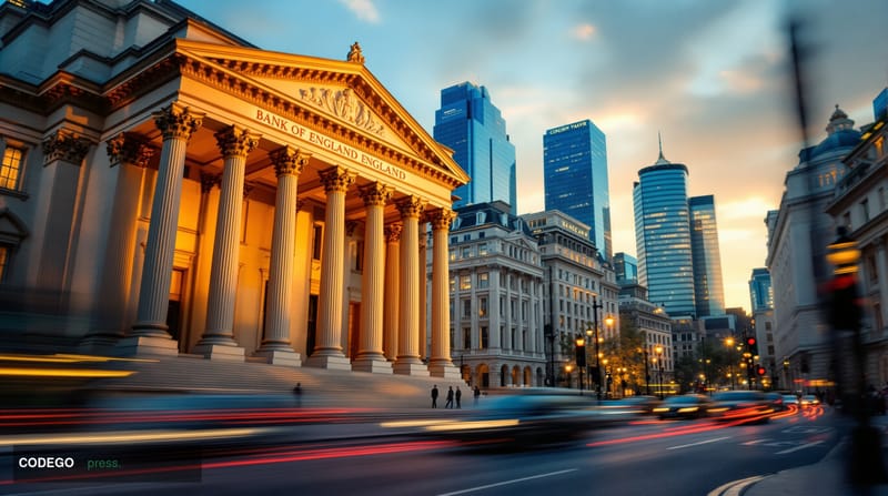 A dramatic cinematic photograph of the Bank of England's iconic neoclassical headquarters in the City of London, shot from a 
