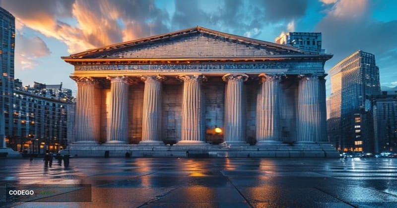 A cinematic editorial photograph of the iconic Bank of England building in London's financial district, captured at golden ho