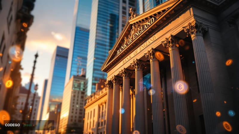 A dramatic photorealistic editorial photograph of the Bank of England's iconic neoclassical facade in the City of London, wit
