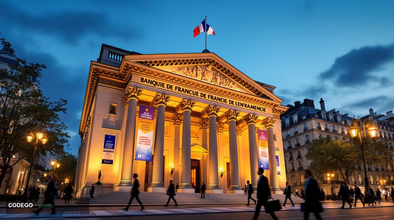 A photorealistic editorial photograph capturing the prestigious Bank of France headquarters on Rue de Rivoli in Paris during 