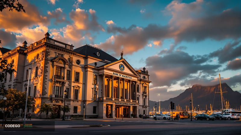 A cinematic editorial photograph of the Bank of Mauritius headquarters building in Port Louis, captured during golden hour wi