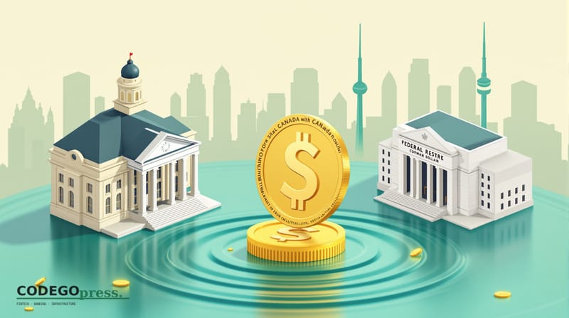 Golden Canadian dollar coin descending through concentric ripples in centre, Bank of Canada neoclassical stone building with 