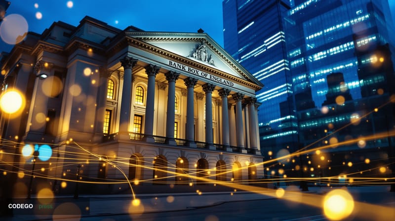 Photorealistic 8K editorial photograph of the Bank of England's imposing neoclassical facade on Threadneedle Street in London