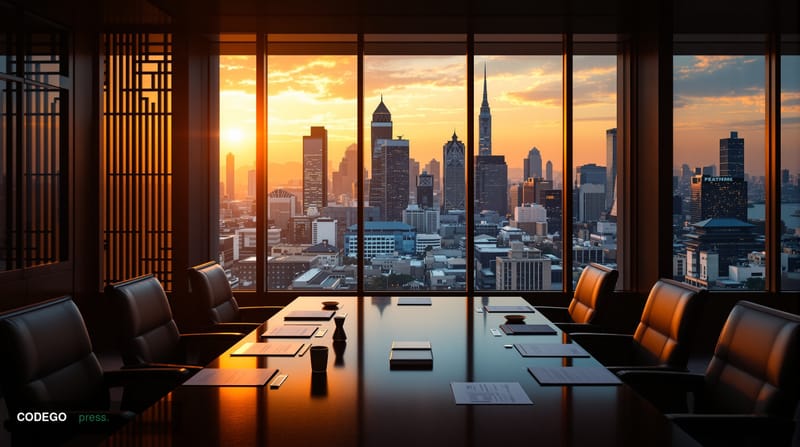 A photorealistic editorial photograph capturing a formal economic policy meeting in Fukuoka, Japan. The scene shows an elegan