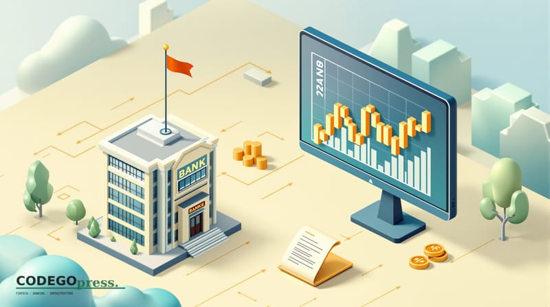 flat 3D isometric vector editorial illustration, banking-green primary (#1A6B43), cream background, gold and navy accents, so