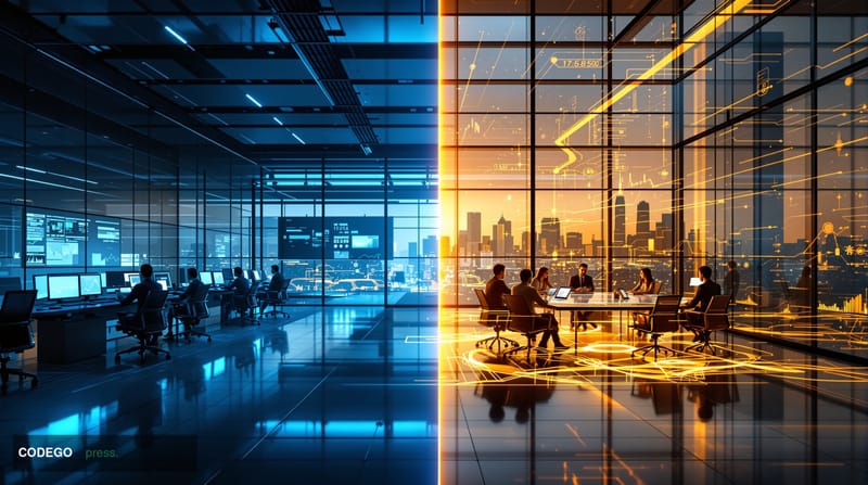 A dramatic split-screen composition showing two contrasting scenes of banking's AI transformation. Left side: empty trading f