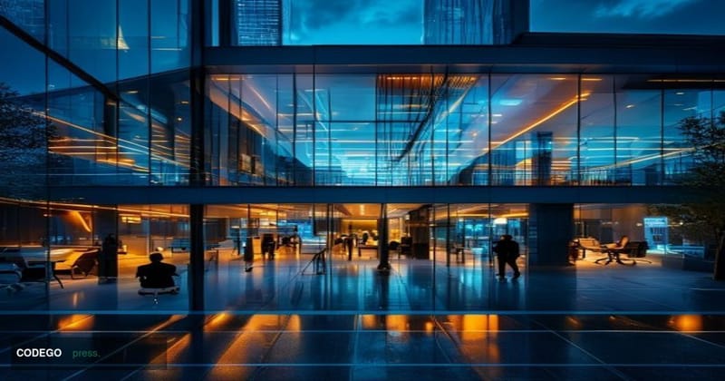 A photorealistic editorial photograph capturing the dual nature of AI's impact on banking employment. The scene shows a moder