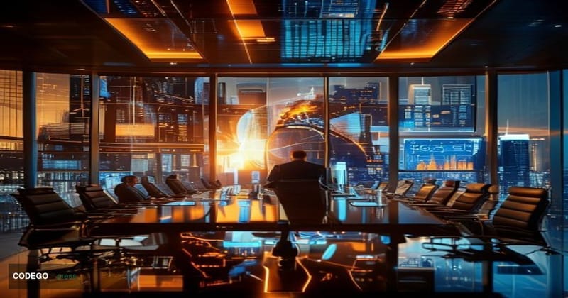 A dramatic executive boardroom scene featuring a modern bank headquarters' top-floor conference room with floor-to-ceiling wi