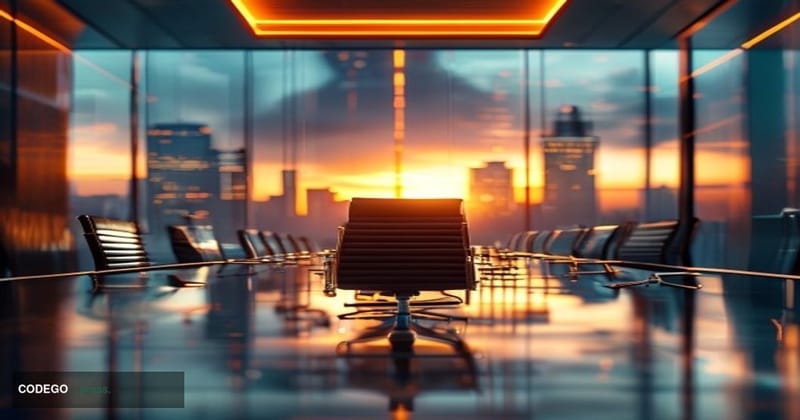 A photorealistic corporate boardroom scene with warm amber lighting streaming through floor-to-ceiling windows, showing a mod
