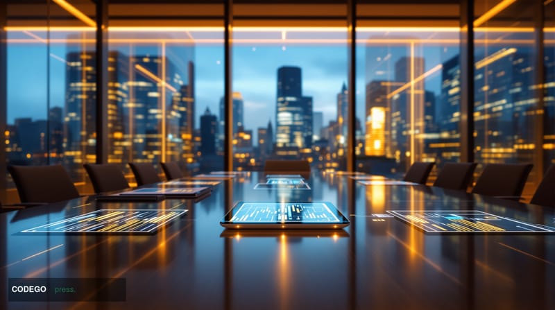 A cinematic editorial photograph capturing a modern financial institution's digital transformation. The scene shows a sleek g