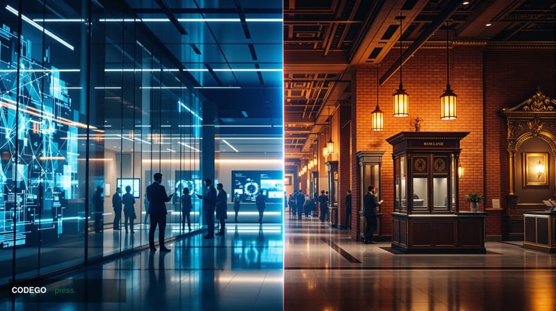 A photorealistic editorial photograph showing a stark visual metaphor of banking's digital divide. The scene depicts two cont