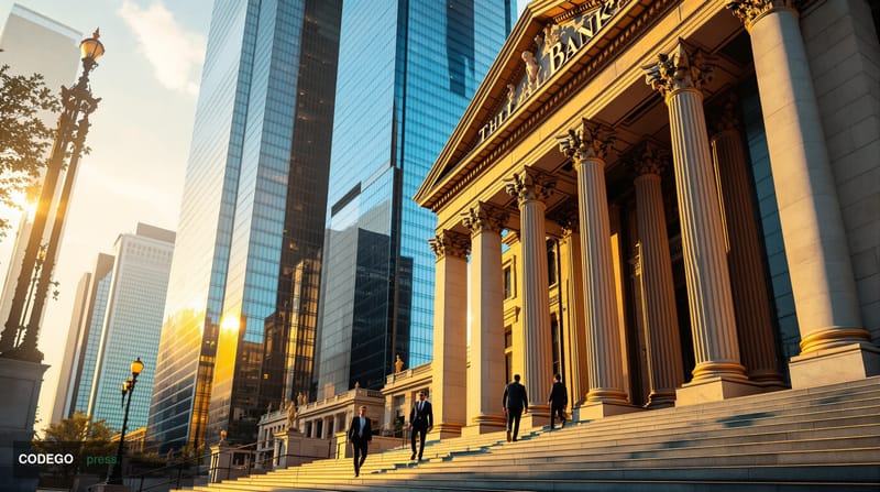 A photorealistic editorial photograph capturing the tension between traditional banking and digital currencies. The scene sho