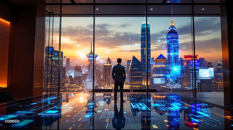A cinematic editorial photograph showcasing the juxtaposition of traditional and intelligent banking. The scene depicts a mod