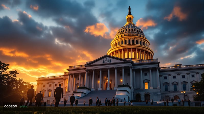 A dramatic editorial photograph of the United States Capitol building in Washington D.C. during golden hour, captured from th