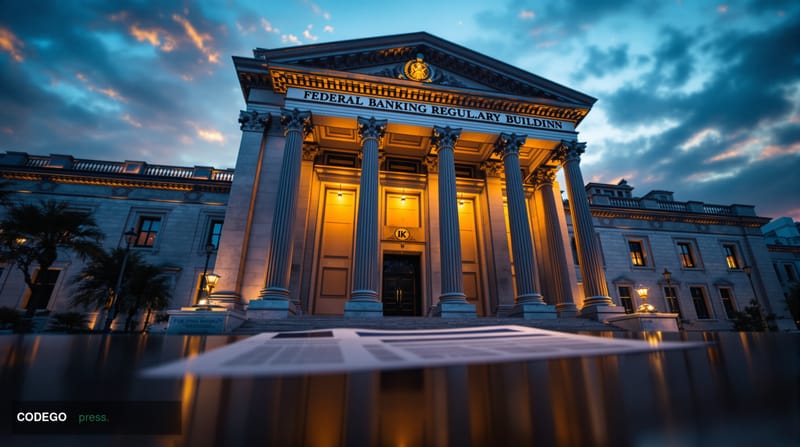 A photorealistic editorial photograph showing the imposing neoclassical facade of a major federal banking regulatory building