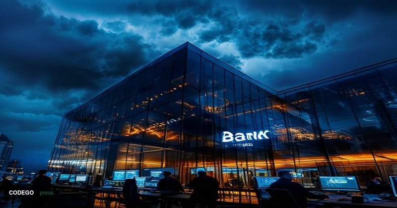 A cinematic editorial photograph showing a sleek modern cryptocurrency exchange office building at twilight, with dramatic st