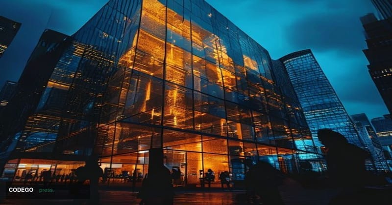 A dramatic photorealistic editorial photograph of a modern cryptocurrency exchange headquarters building at dusk, with darken