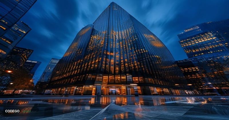 A dramatic nighttime exterior shot of JPMorgan Chase's towering glass headquarters in Manhattan, with warm golden lights eman