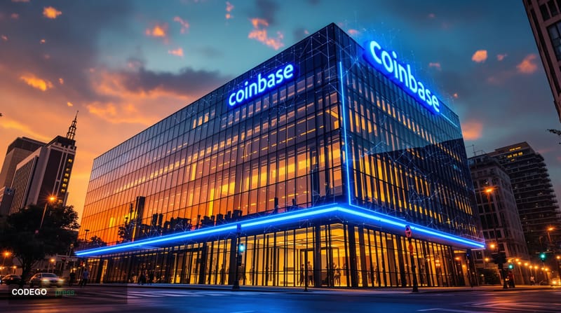 A cinematic editorial photograph of Coinbase's sleek San Francisco headquarters building at golden hour, with the distinctive
