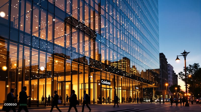 A photorealistic editorial photograph showing the modern glass exterior of Coinbase's headquarters building in San Francisco'