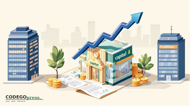 flat 3D isometric vector editorial illustration, banking-green primary (#1A6B43), cream background, gold and navy accents, so