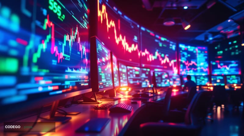 A striking editorial photograph showing a modern cryptocurrency trading floor or digital exchange office interior, with multi