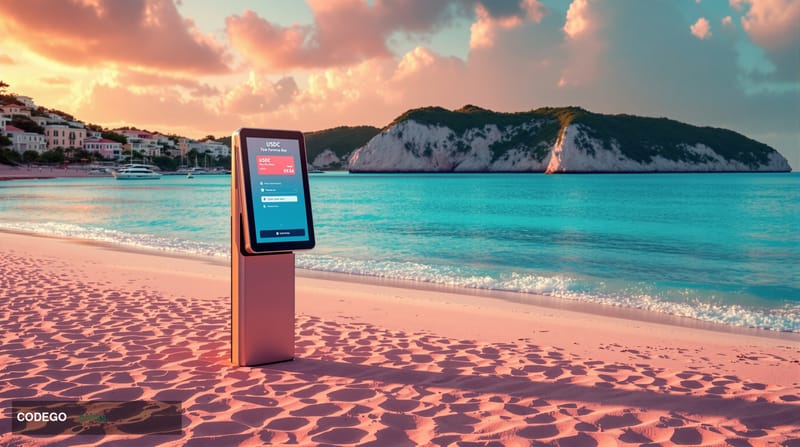 A striking photorealistic editorial photograph capturing Bermuda's digital transformation initiative through the lens of its 