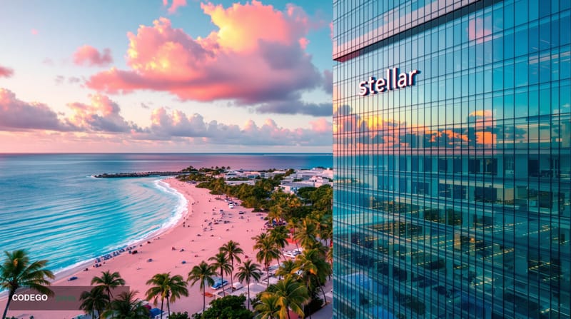 A cinematic editorial photograph of Hamilton, Bermuda's iconic pink sand beaches and turquoise waters in the background, with