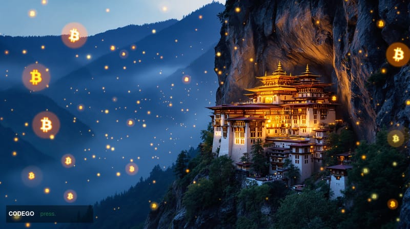 A dramatic editorial photograph of the iconic Tiger's Nest Monastery (Paro Taktsang) perched on a cliff face in Bhutan, with 