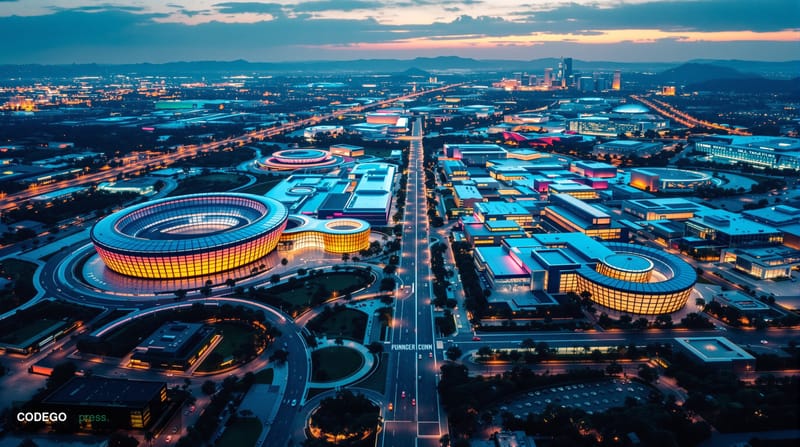 A dramatic aerial view of Silicon Valley's tech corridor featuring the recognizable headquarters of major tech companies - th