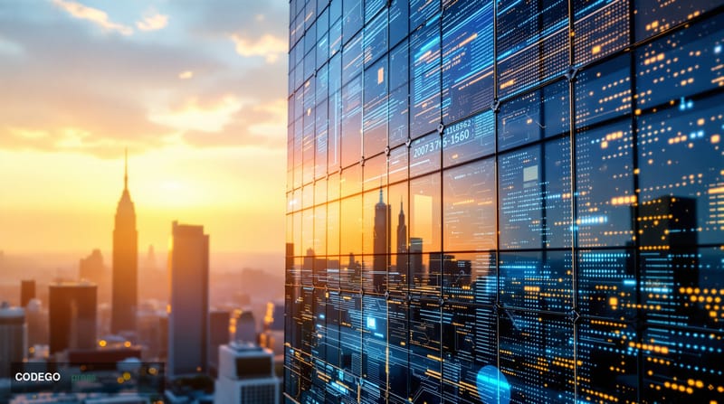 A cinematic editorial photograph of Binance's corporate headquarters exterior in a modern financial district, featuring the r