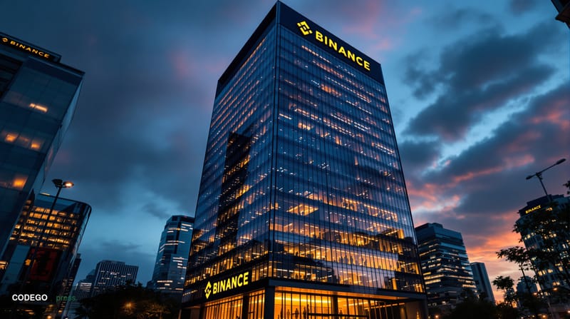 A photorealistic editorial photograph of Binance's global headquarters building in a modern financial district, captured duri