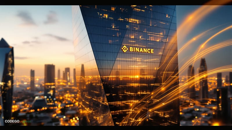 A dramatic photorealistic aerial view of Binance's futuristic Dubai headquarters building at golden hour, with its distinctiv