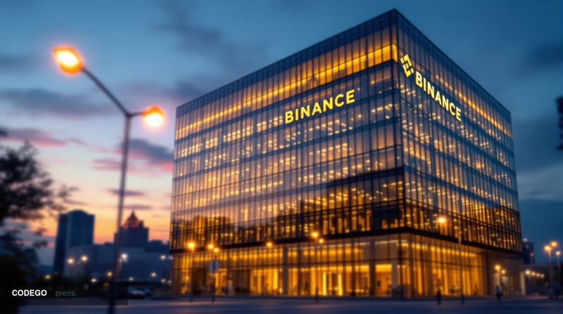 Photorealistic editorial photograph of Binance's corporate headquarters building exterior in dramatic evening lighting, with 