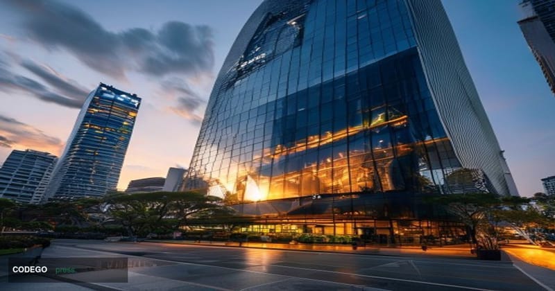 A photorealistic editorial photograph of Binance's headquarters exterior in Singapore's financial district, captured during g