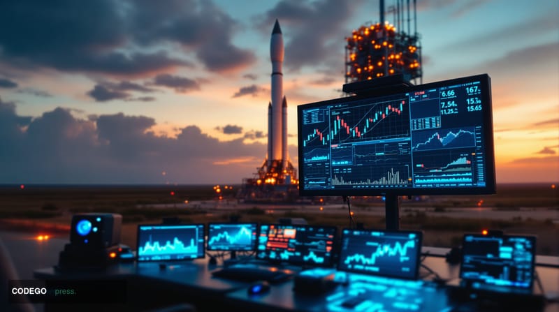 A cinematic editorial photograph capturing the intersection of crypto and aerospace innovation, featuring the recognizable Sp