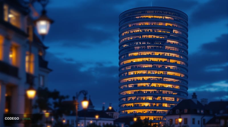 A photorealistic editorial photograph showing the imposing modernist architecture of the Bank for International Settlements t