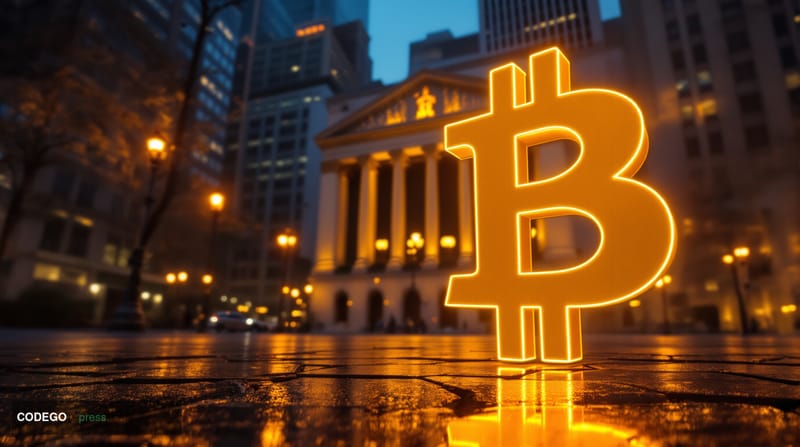 A dramatic editorial photograph of the iconic Bitcoin logo symbol illuminated in golden amber light against the backdrop of t