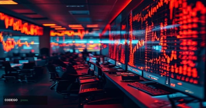 A dramatic cinematic editorial photograph showing a large trading floor or cryptocurrency exchange headquarters with multiple