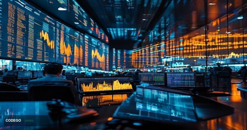 A dramatic editorial photograph of a modern cryptocurrency trading floor with multiple large monitors displaying Bitcoin pric