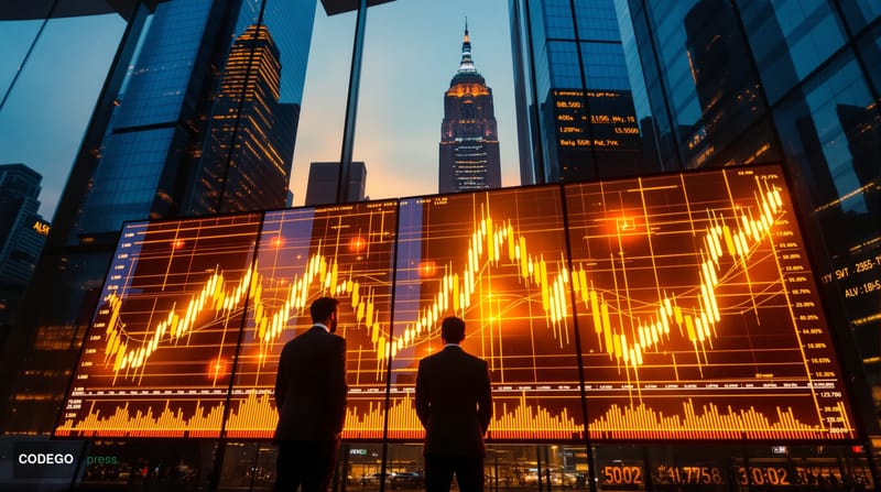 A cinematic editorial photograph capturing Bitcoin's market dynamics through a dramatic trading floor scene. The foreground s