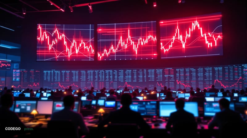 A dramatic photorealistic editorial photograph capturing Bitcoin's market crash through a cinematic trading floor scene. The 