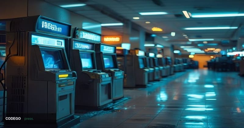 A dramatic photorealistic editorial photograph showing a row of darkened Bitcoin ATM kiosks in an abandoned shopping center o