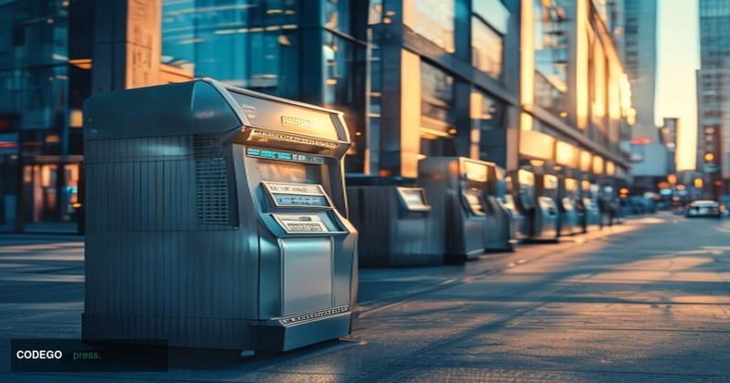 A stark editorial photograph of a row of Bitcoin ATM machines in an urban setting, shot during golden hour with dramatic side